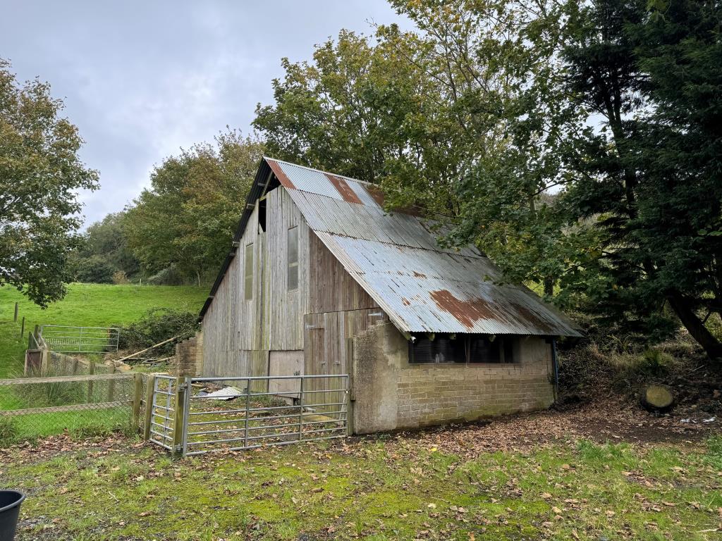 Lot: 89 - BARN AND 5.91 ACRES OF GRAZING IN AN ELEVATED LOCATION WITH VIEWS - View of barn with corrugated roof